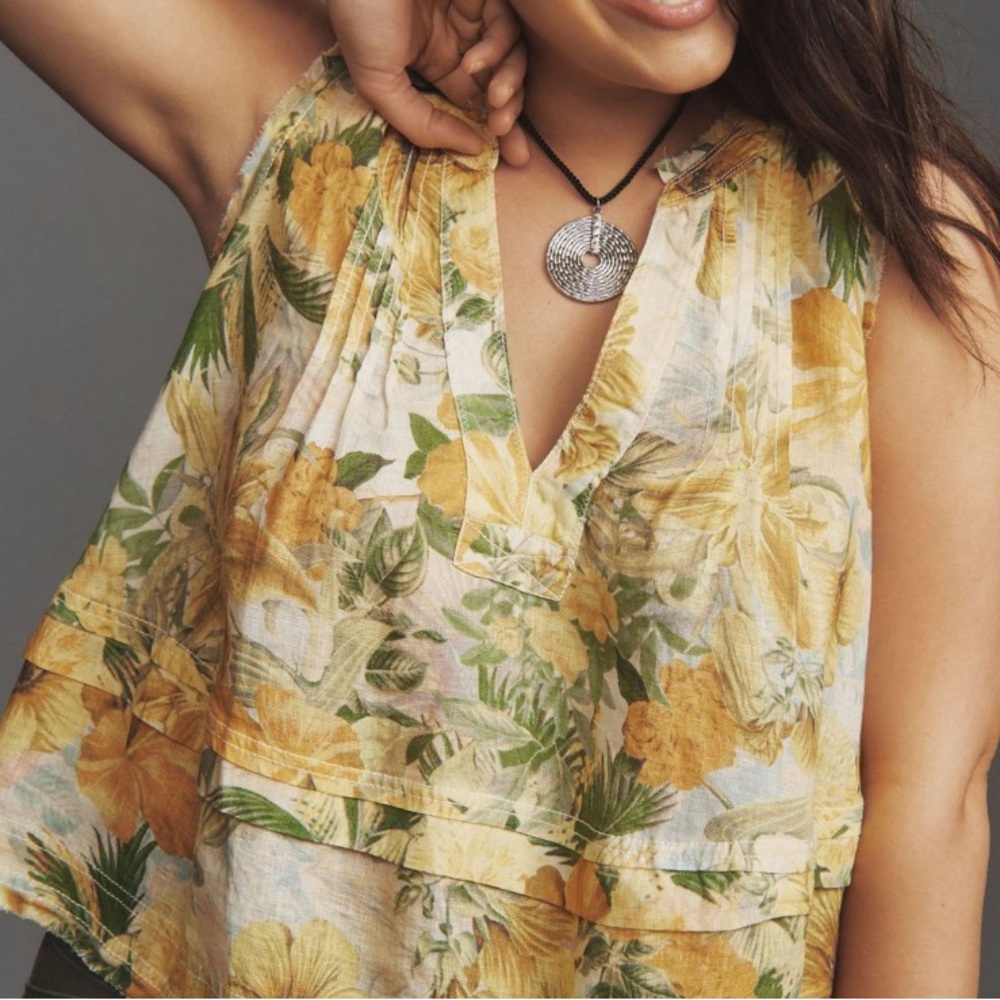 Pilcro Yellow & Green Floral Sleeveless V-Neck Blouse